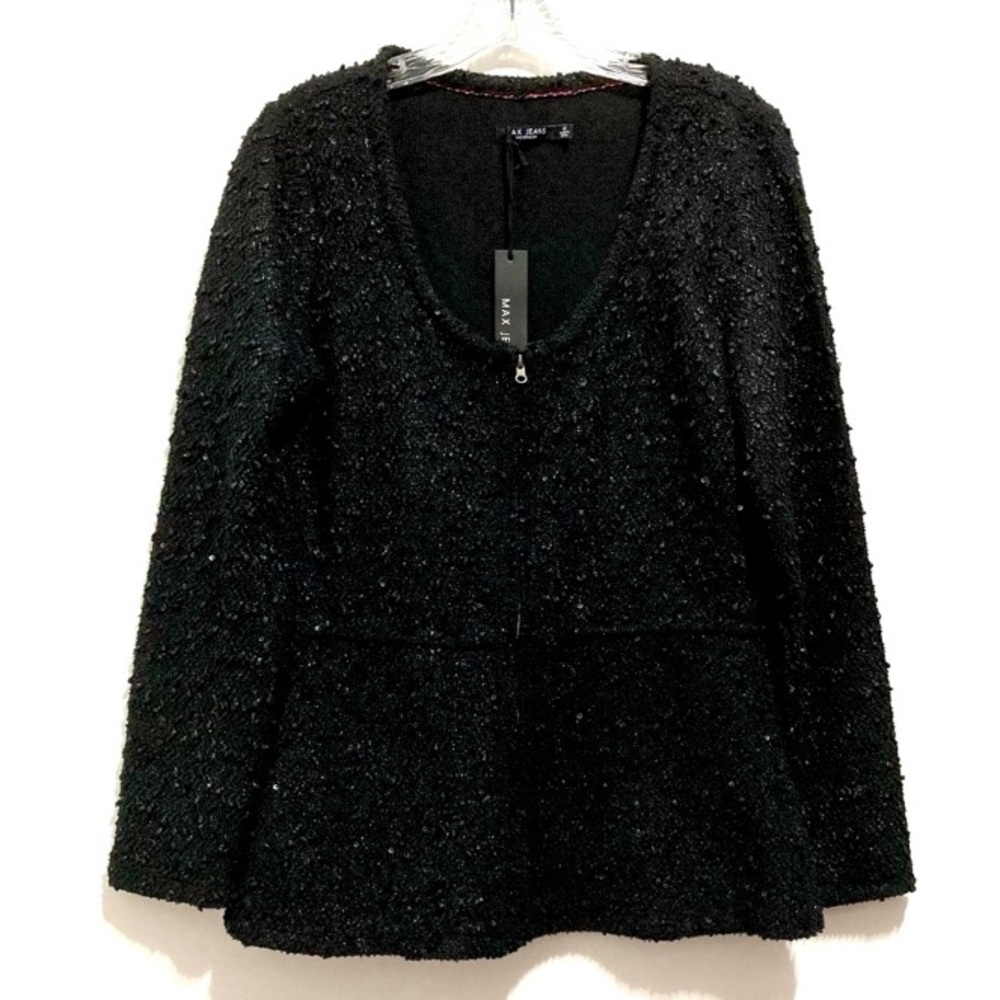 NWT Max Jeans “Caviar” Black Sequin Texture Knit Jacket with Zipper